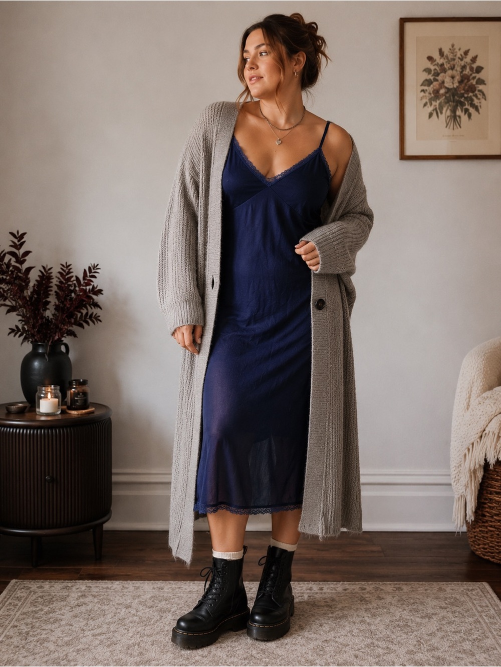 Vanity Fair Vintage 80s Navy Blue Semi Sheer Lace Trim Midi Slip Dress